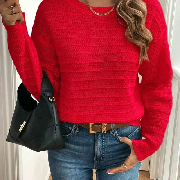 Red Casual Women's Elegant Bowknot Decor Drop Shoulder Sweater - Picture 6 of 6